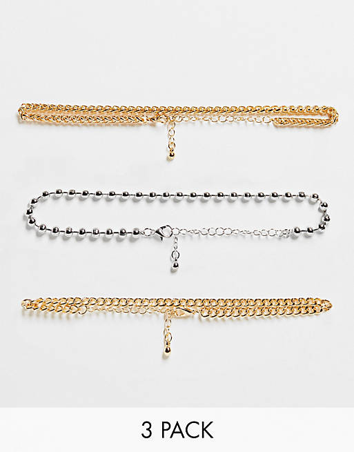 Topshop chain and bobble 3 x multipack choker necklaces in mixed metals