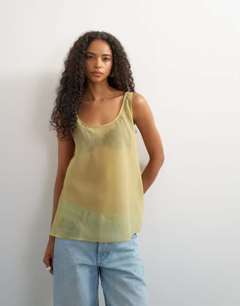 Topshop - chaleco sin mangas de organza con cuello ancho en verde lima apagado - view 1