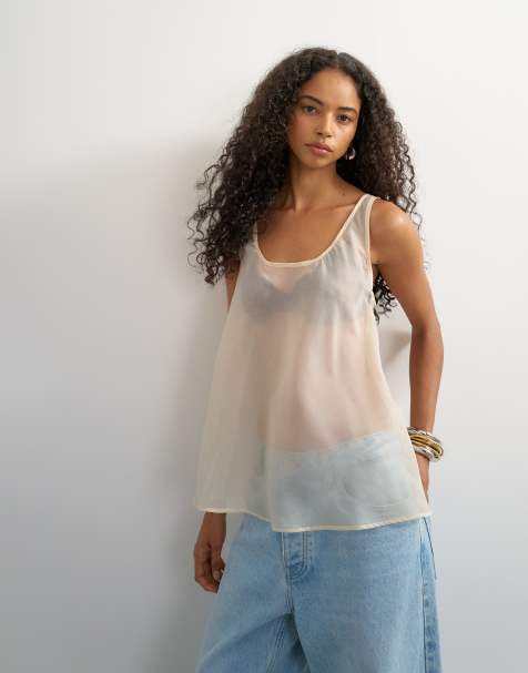 Topshop - chaleco sin mangas de organza con cuello redondo en color oyster - view 1