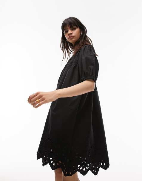Topshop channeled mini oversized dress with eyelet trim in black - view 1
