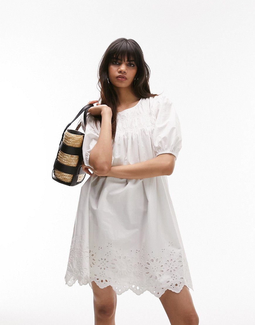 Topshop channelled mini oversized dress with broderie trim in white
