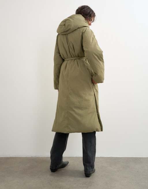 Topshop chaqueta acolchada larga con capucha en salvia, 4 de 4