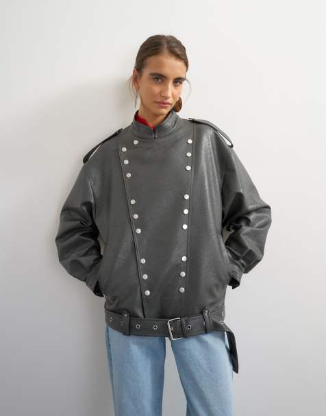 Topshop chaqueta biker de cuero sintético con detalle de herrajes en gris - view 1
