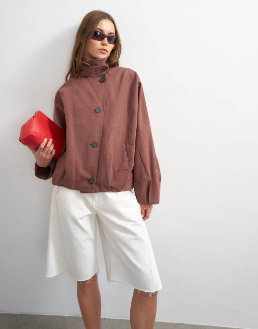 Topshop - Chaqueta bomber color berenjena con cuello alzado