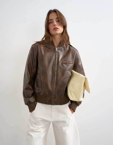 Topshop - Chaqueta bomber marrón lavado entallada de cuero sintético - view 1
