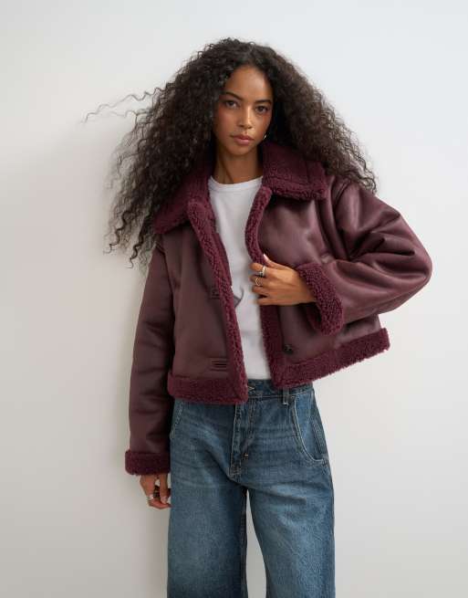 Topshop - chaqueta corta de borreguito en burdeos, 3 de 4