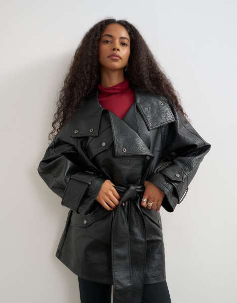 Topshop - chaqueta de piel sintética de largo medio con cinturón en negro - view 1