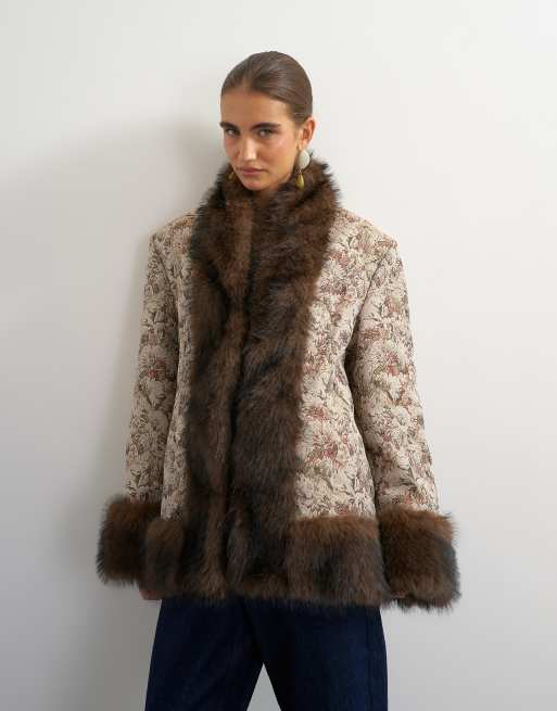 Topshop chaqueta jacquard con ribete de piel sintética multicolor, 2 de 4