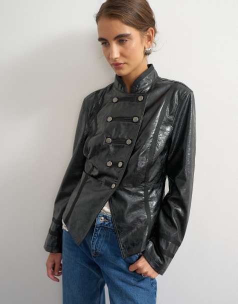 Topshop chaqueta militar de cuero sintético negra - view 1