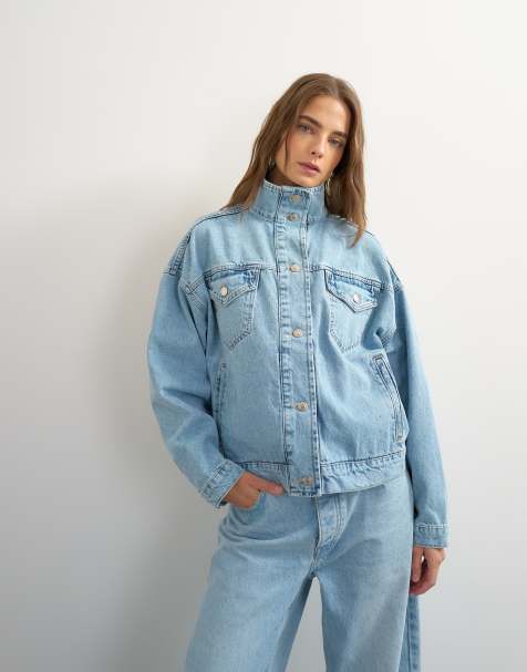 Topshop - chaqueta vaquera con cuello alzado y bajo elástico en bleach - view 1