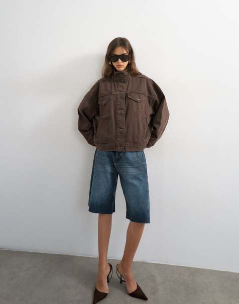 Topshop - Chaqueta vaquera marrón chocolate con cuello alzado y detalle en la cintura - view 1
