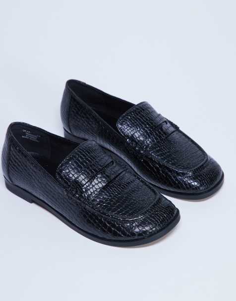 Topshop – Charlie – Czarne płaskie loafersy ze wzorem skóry jaszczurki - view 1