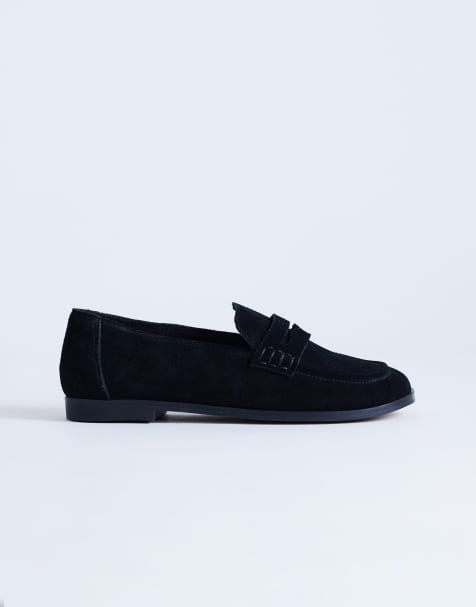 Topshop – Charlie – Flache Loafer aus echtem Wildleder in Schwarz - view 1