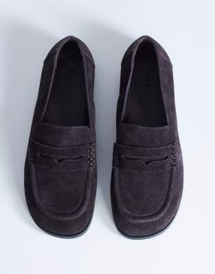 Topshop - Charlie - Mocassins plats en cuir véritable - Daim chocolat-Brown