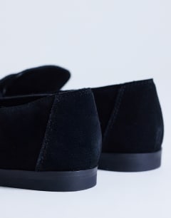 Model wearing Charlie real leather flat loafer in black suede