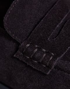 Model wearing Charlie real leather flat loafer in chocolate suede