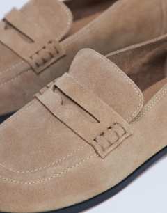 Model wearing Charlie real suede flat loafer in camel 