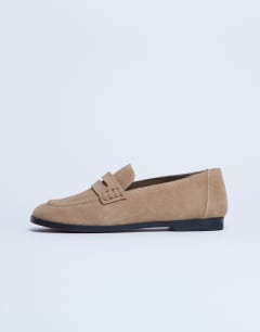 Model wearing Charlie real suede flat loafer in camel 