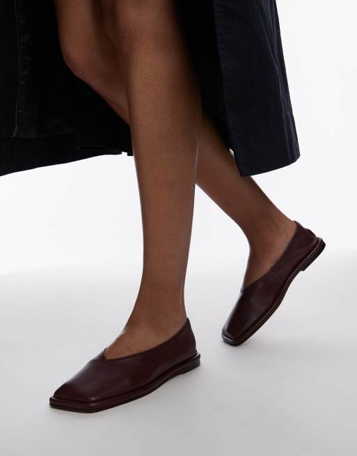 Topshop – Charlotte – Bordowe płaskie buty skórzane z kwadratowymi noskami bez wyściółki