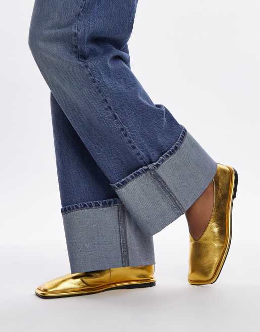 Topshop - Charlotte - Scarpe basse sfoderate in pelle color oro con punta squadrata