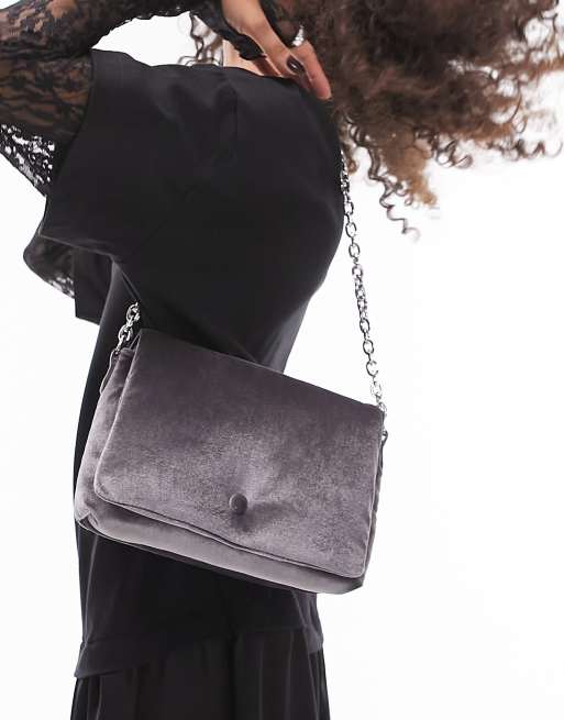 Topshop Charlotte velvet puffy button shoulder bag in grey