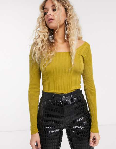 Topshop – Chartreuse-Pullover mit eckigem Ausschnitt