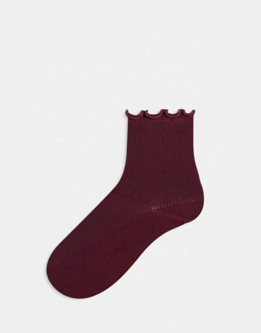 Topshop - Chaussettes côtelées avec bordure à volants - Bordeaux
