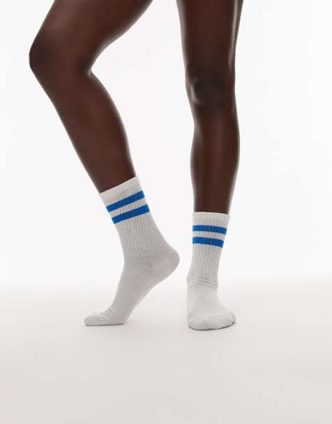 Topshop - Chaussettes de sport côtelées avec bandes contrastantes - Blanc et bleu de cobalt - view 1