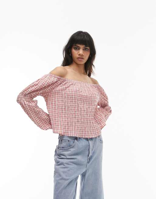 Topshop check bardot top in pink