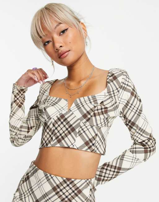 Topshop check bengaline long sleeve top in camel - part of a set