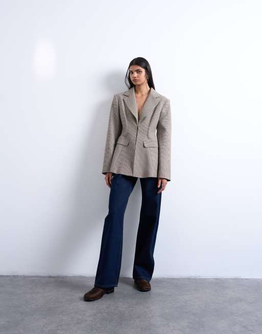 Topshop check cinched waist blazer in brown (Part of a set), 2 of 4