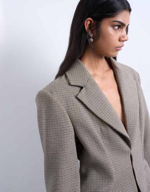 Topshop check cinched waist blazer in brown (Part of a set), 3 of 4