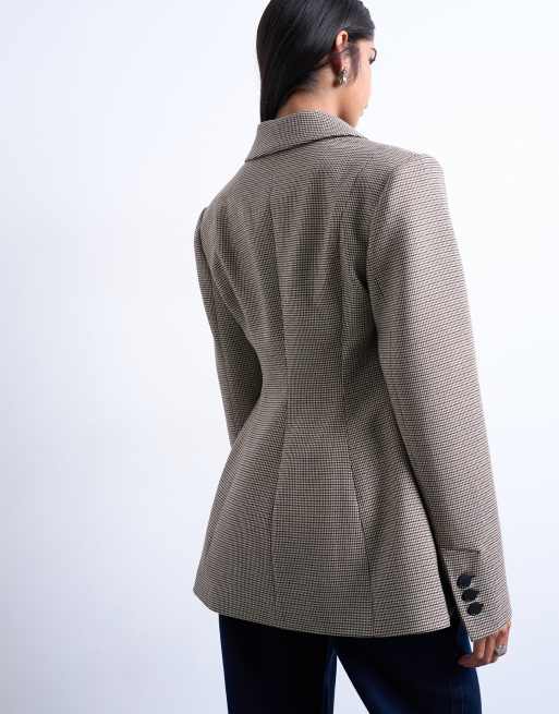 Topshop check cinched waist blazer in brown (Part of a set), 4 of 4