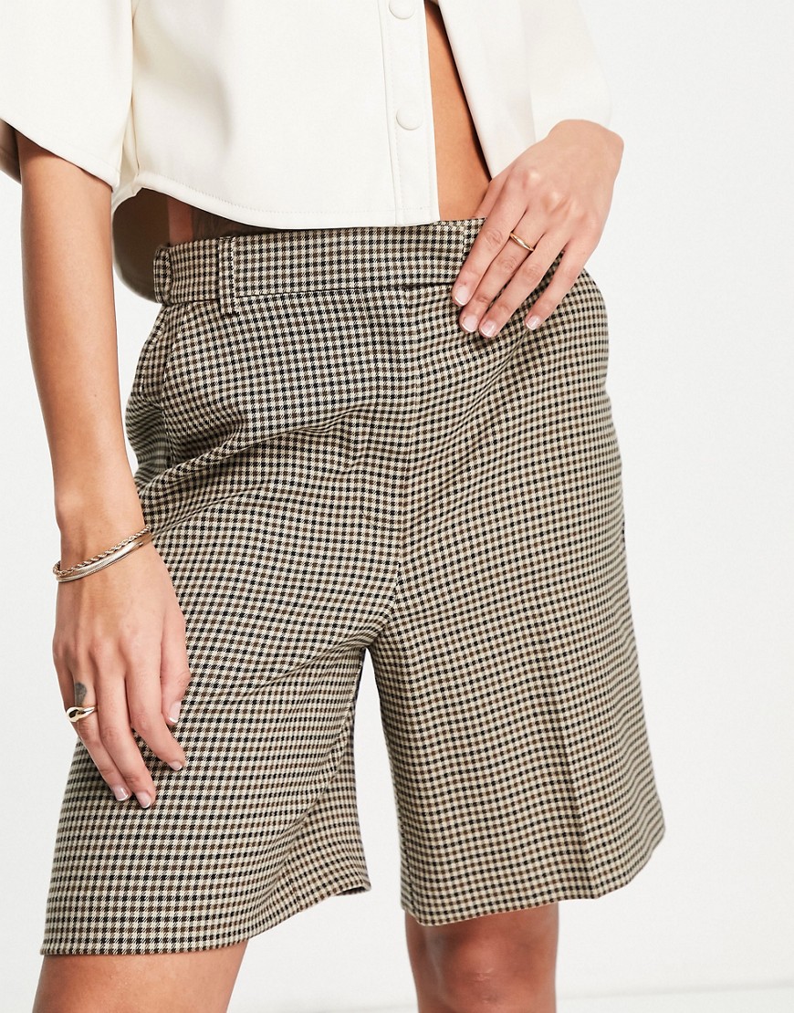 Topshop check city shorts in brown-Multi
