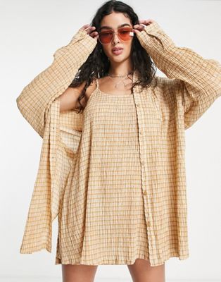 Topshop check crinkle oversize beach shirt in camel