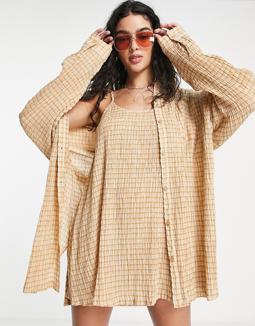Topshop check crinkle oversize beach shirt in camel-Multi