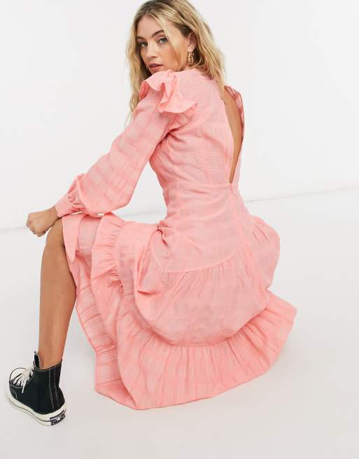 Topshop check diagonal gathered dress in coral | ASOS