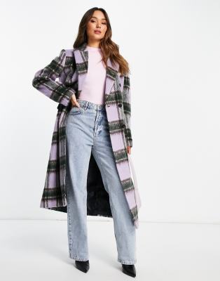 Shop Topshop Check Double Breasted Long Coat In Lilac-purple