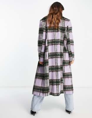 Topshop check double breasted long coat in lilac