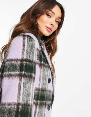 Topshop check double breasted long coat in lilac