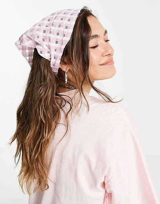 Topshop check headscarf in pink and white