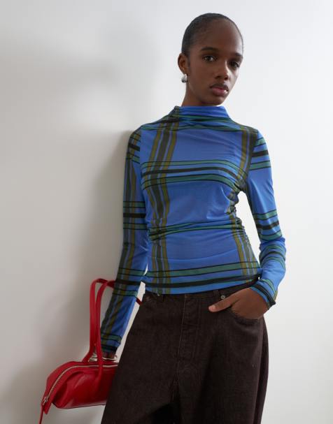Topshop check high neck mesh long sleeve top in blue - view 1