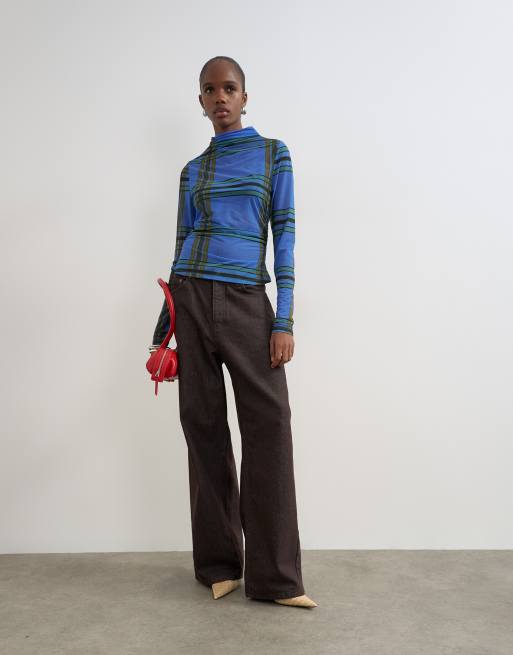 Topshop check high neck mesh long sleeve top in blue, 2 of 4