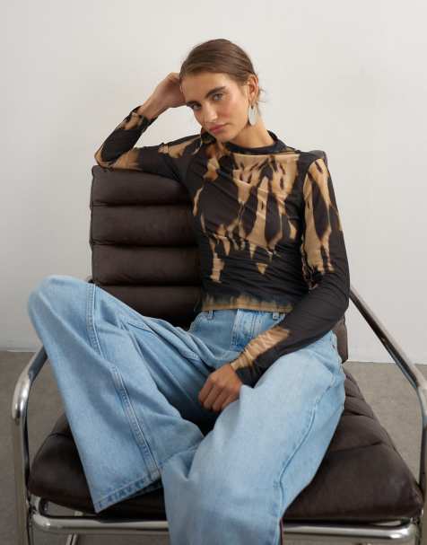 Topshop check high neck mesh long sleeve top in mono print - view 1