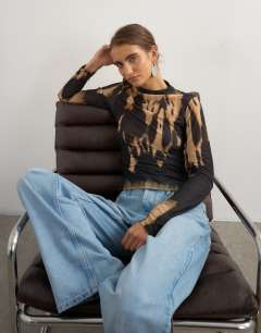Check high neck mesh long sleeve top in mono print
