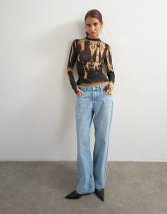 Model wearing Check high neck mesh long sleeve top in mono print