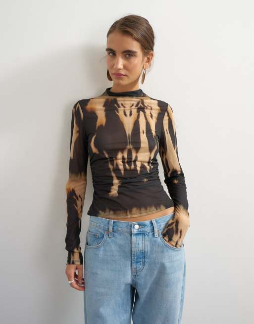 Topshop check high neck mesh long sleeve top in mono print, 4 of 4
