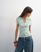 Topshop check mesh key hole detail short sleeve top in blue