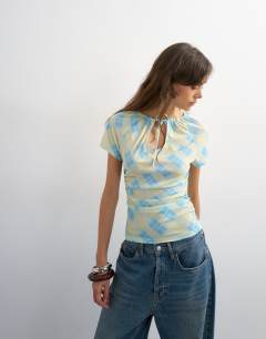 Check mesh key hole detail short sleeve top in blue