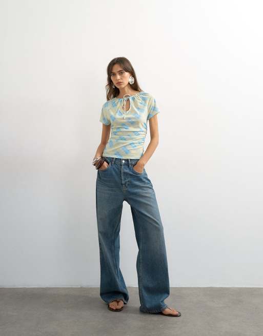 Topshop check mesh key hole detail short sleeve top in blue, 2 of 4